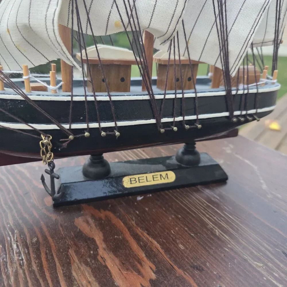 VTG Belem Sailboat Model Wood Cloth Sails Black White Desktop Display